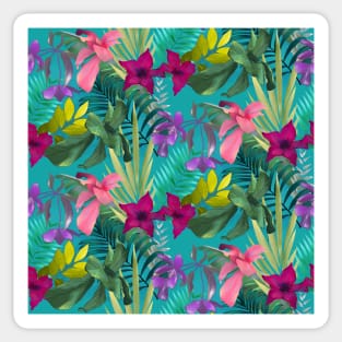 Elegant tropical flowers and leaves pattern purple illustration, blue tropical pattern over a Sticker